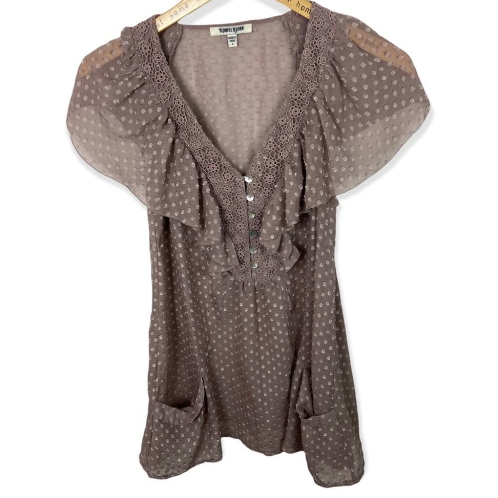 Nordstrom Daniel Rainn Dusty Rose Blush Pink Sheer Polka Dot Blouse Ruffle Top S